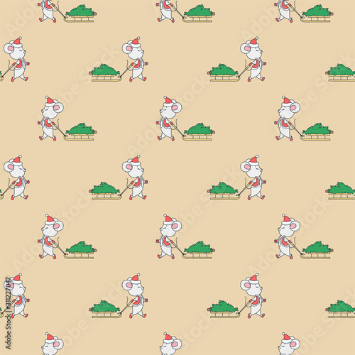 Winter holiday pattern. Cute seamless pattern with cute little mouse carries the sled with the Christmas tree. Vector illustration 8 EPS.