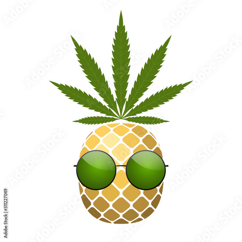 Pineapple golden with green cannabis leaf, sunglasses. Tropical gold funny exotic fruit isolated white background. Symbol of summer. Design element illegal narcotic. Silhouette. Vector illustration