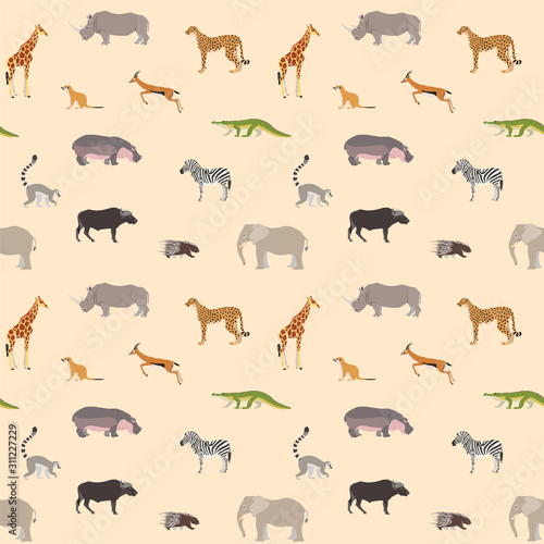 Pattern of african animals. Seamless pattern with african animals such as elephant, zebra, giraffe, hippo etc. Illustration in a flat style. Vector 8 EPS.