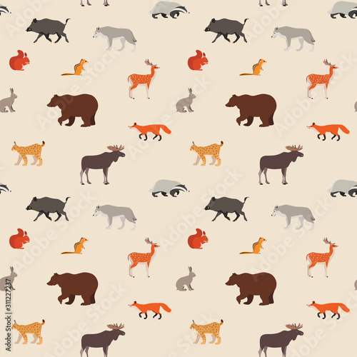 Pattern of woodland animals. Seamless pattern with woodland animals such as foxes, deer, hares, wolves, squirrels, moose etc. Illustration in a flat style. Vector 8 EPS.