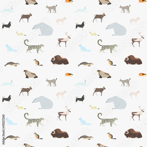  Pattern of arctic animals. Seamless pattern with arctic animals such as such as polar bear, arctic fox, lemming, caribou, seal, walrus etc. Illustration in a flat style. Vector 8 EPS.