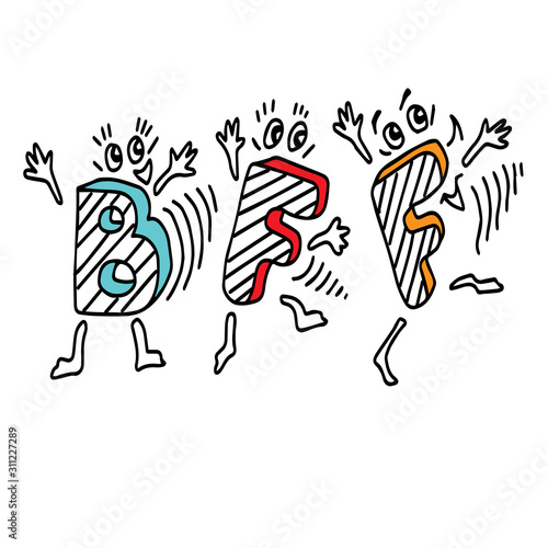 BFF lettering Best friends forever. Handwritten funny letters the little men jump and wave their hands joyfully. Isolated elements on white background. Vector illustration for design