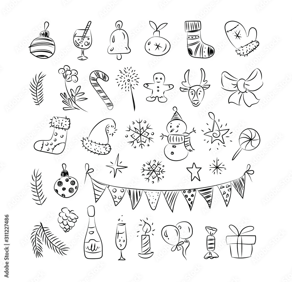 Merry Christmas vector sketch illustrations set. Black stylish Christmas elements for your project, decor, postcards, banners, invitations, icons, seals, packaging. Isolated on white.  EPS10
