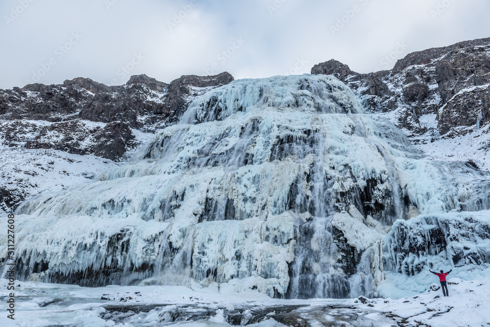 Fototapeta premium Wodospad Dynjandi, zamarznięty, Islandia