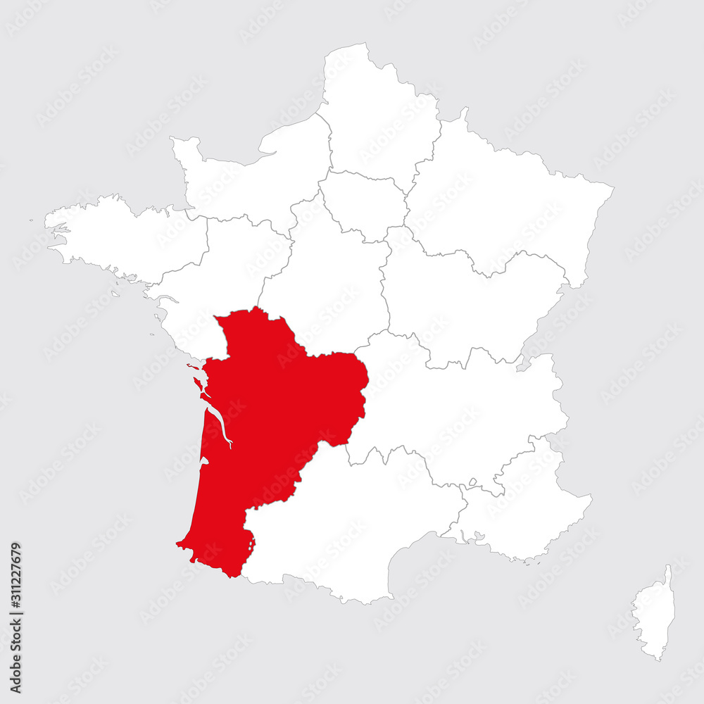 Nouvelle aquitaine province highlighted red on france map. Gray background.