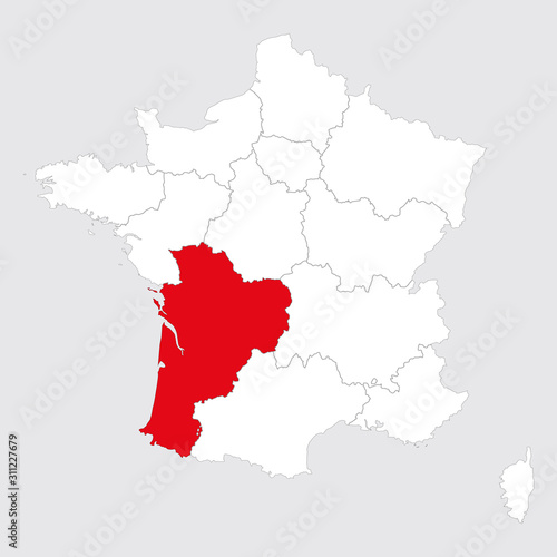 Nouvelle aquitaine province highlighted red on france map. Gray background.