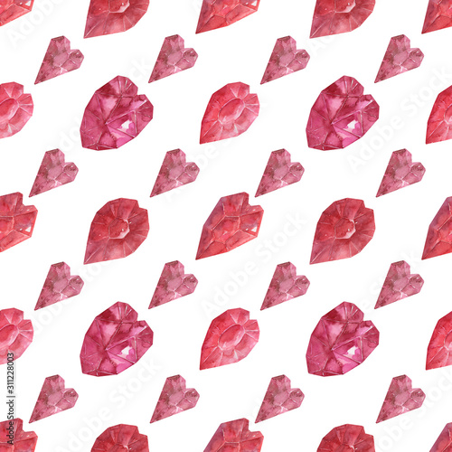 Watercolor seamless pattern Bright hearts crystals of various fancy shapes