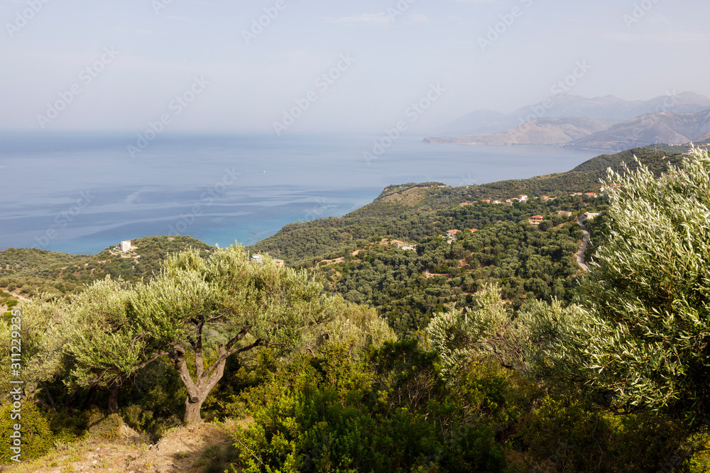 Mediterranean landscape on the Ionian Sea in Albania between Himare and Saranda