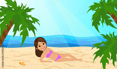 Girl in bikini sunbathing on the beach. The cartoon style. Vector illustration.