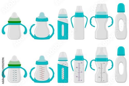 Illustration on theme big colored kit baby milk in bottle with rubber pacifier