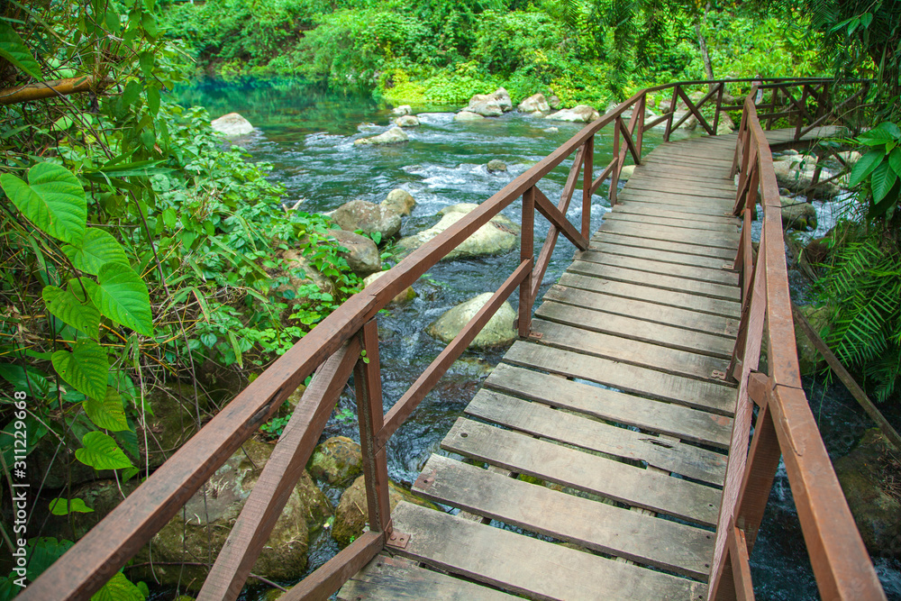 Bamboo bridge over the river in Unknown source Bamboo bridge over the river in Unknown source
