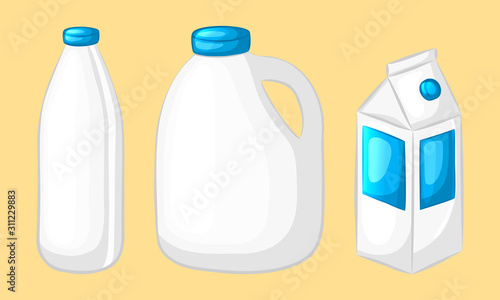 The range of milk in different packages. The milk in the bottle, the box and the canister. Set of cartoon icons. Vector illustration.