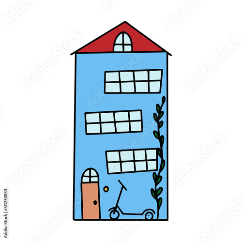 Color vector illustration with cute little house in carton style. One of a series of colored houses. Drawn by hand