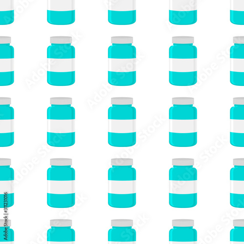 Illustration on theme big colored set different types of pills inside close jar