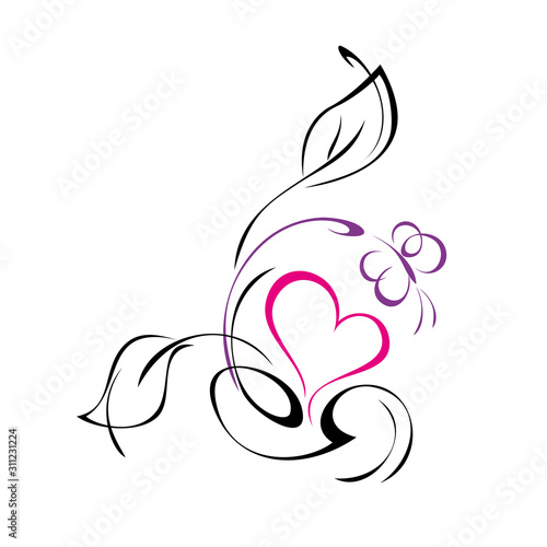 hearts 43. one pink heart with leaves, butterfly and swirls in colored lines on a white background