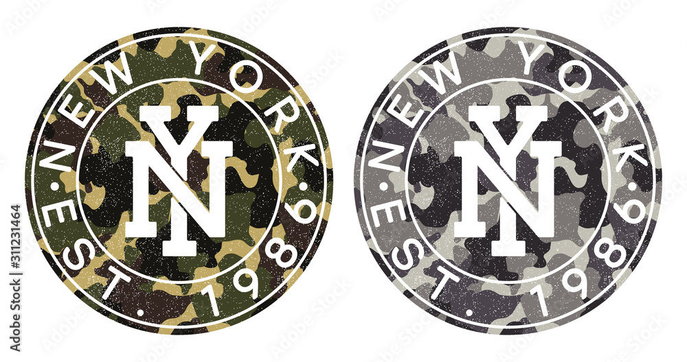Camouflage texture and New York text for t-shirt design. Typography graphics for tee shirt in military and army style. Print for apparel with camo and grunge. Vector illustration.