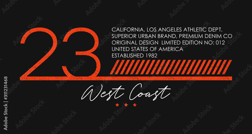 West Coast, California athletic typography for t-shirt design with number 23. Los Angeles apparel with grunge for sportswear. Vector illustration.