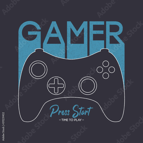 Gamer t-shirt design with gamepad and slogan. Typography graphics for apparel on video game theme. Tee shirt print with joystick or game controller. Vector illustration.