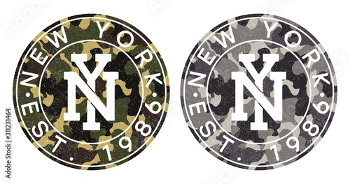 Camouflage texture and New York text for t-shirt design. Typography graphics for tee shirt in military and army style. Print for apparel with camo and grunge. Vector illustration.