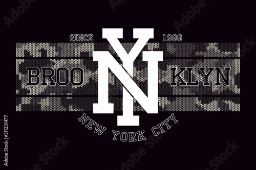 New York, Brooklyn t-shirt design with knitted camouflage texture. Typography graphics for tee shirt in military and army style. Apparel print with knit camo. Vector illustration.
