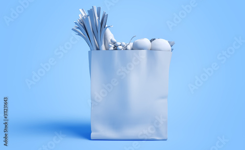 Blank paper bag with products. Shopping mall business packaging environment concept minimal. 3D illustration.