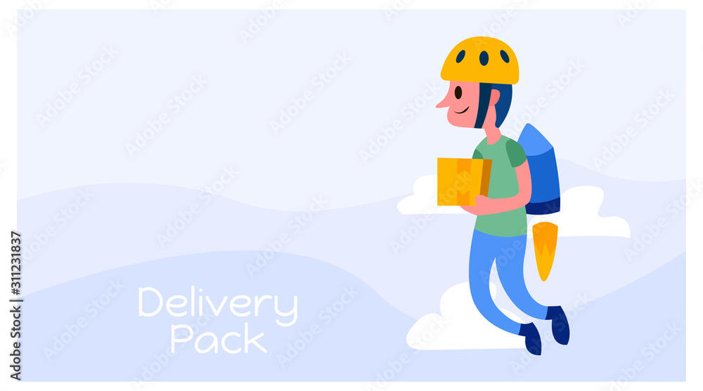 Obraz premium illustration of a courier delivering packages using jetpack. logistics business mascot design. vector