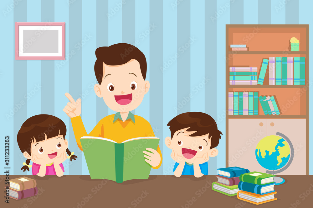 father with children reading book father with children reading book