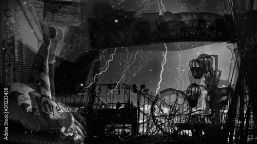 Grungy Carnival. Amusement park. Lightnings and stars