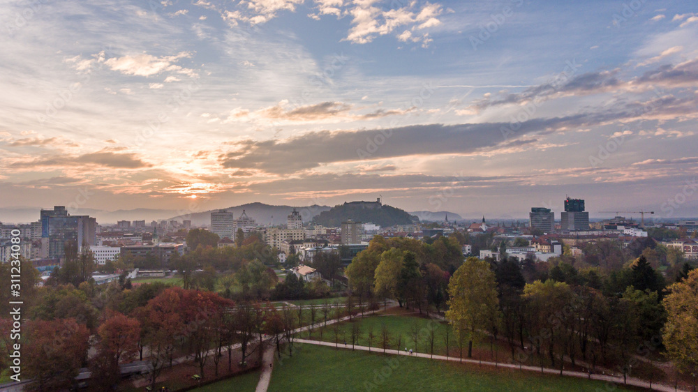Spectacular morning panoramic city view of Ljubljana.