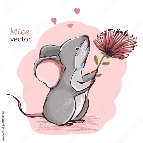 Cute mouse with flower. Hand draw vector illustration.