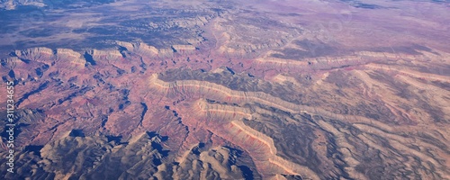 Grand Canyon National Park in Arizona, aerial view from airplane, UNESCO World Heritage Centre Geological history site. In the United States of America. USA.