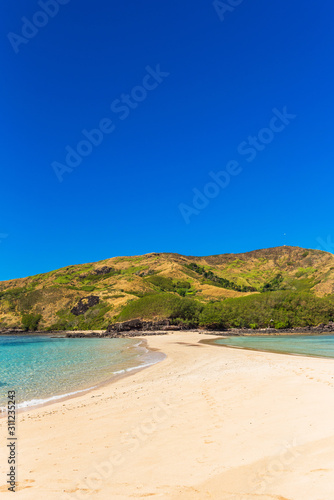View of the sandy beach of the island, Fiji. Copy space for text. Vertical.