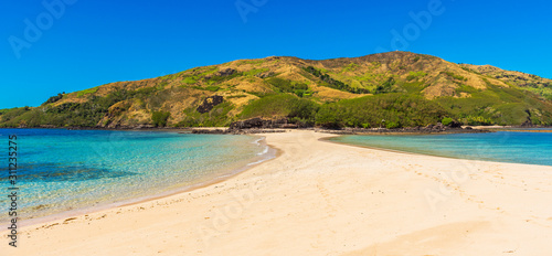 Fototapeta Naklejka Na Ścianę i Meble -  View of the sandy beach of the island, Fiji. Copy space for text.