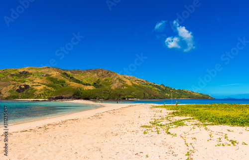 View of the sandy beach of the island, Fiji. Copy space for text.