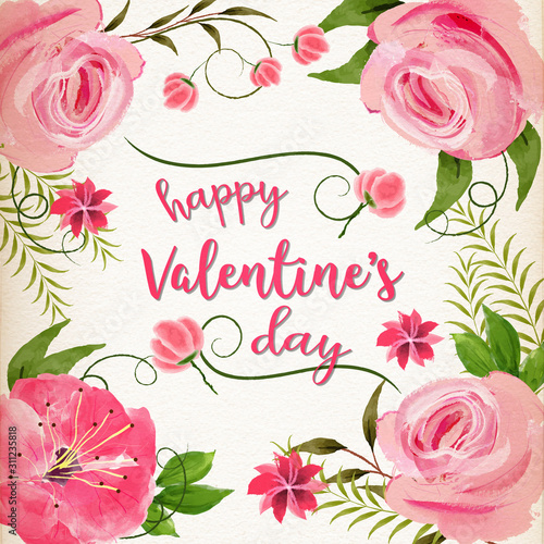 Valentine's day greeting card with pink watercolor flowers and leaves. © Jelena