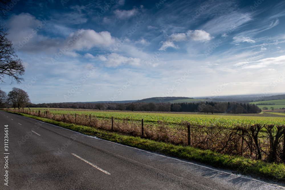 West Sussex England countryside on a clear and sunny December day. Looking from Selhurstpark Road toward Littlehampton.