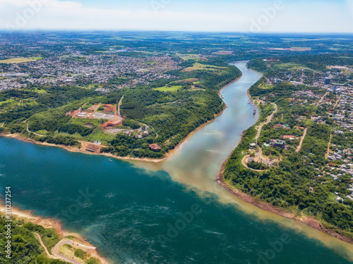 Aerial view of the landmark of the three borders (hito tres fronteras), Paraguay, Brazil and Argentina in the Paraguayan city of Presidente Franco near Ciudad del Este.. photo