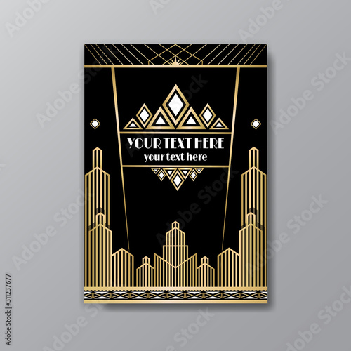 Art Deco template golden-black, A4 page, menu, card, invitation, Sun and city lights in a Art Deco/Art Nuvo style, beautiful background.