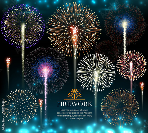 Set of fireworks, invitation to a holiday. Vector illustration