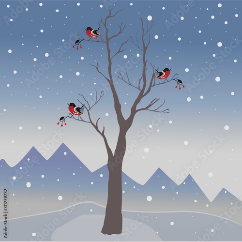 Winter Tree with few berries and Red Birds on a cold looking background with mountains and dark snowy sky. Season Nature. Snowy Natural Landscape. Vector Illustration. © Kristina