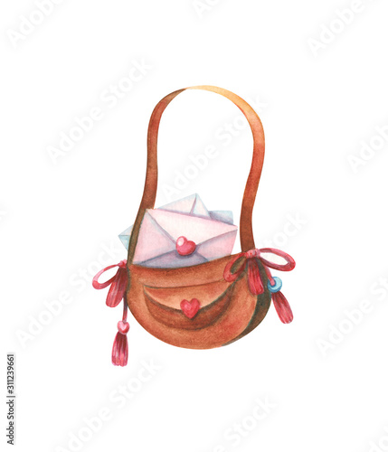 hand drawn watercolor illustration of mail bag with paper letters in envelopes isolated on white background. Valentine's day and love concept