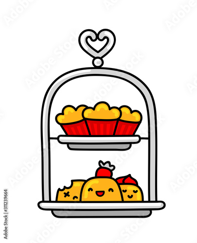 English tiered serving tray with desserts. Simple icon. Vector cartoon illustration.