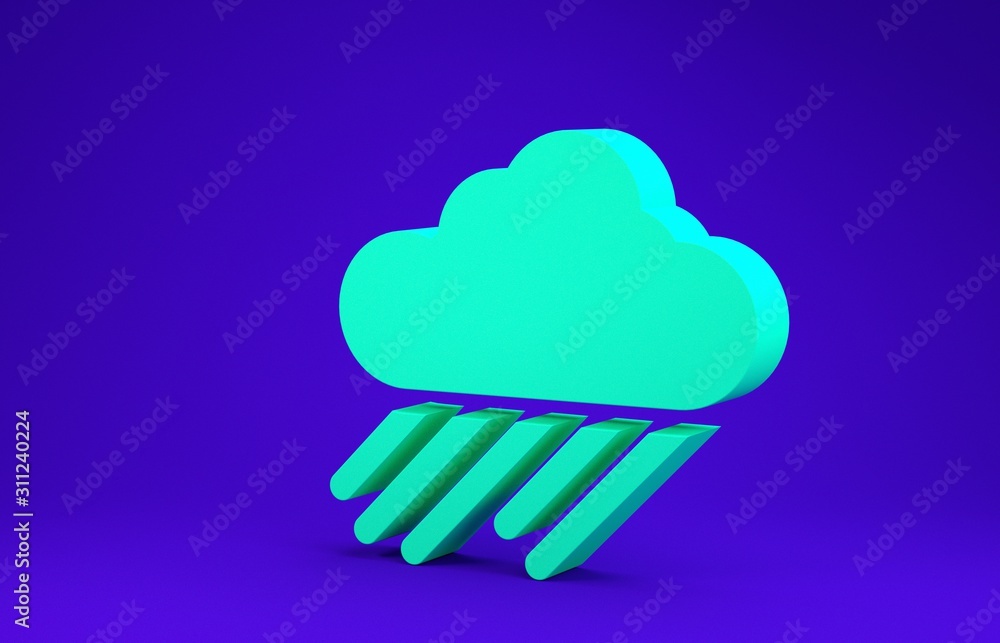 Green Cloud with rain icon isolated on blue background. Rain cloud precipitation with rain drops. Minimalism concept. 3d illustration 3D render Green Cloud with rain icon isolated on blue background. Rain cloud precipitation with rain drops. Minimalism concept. 3d illustration 3D render