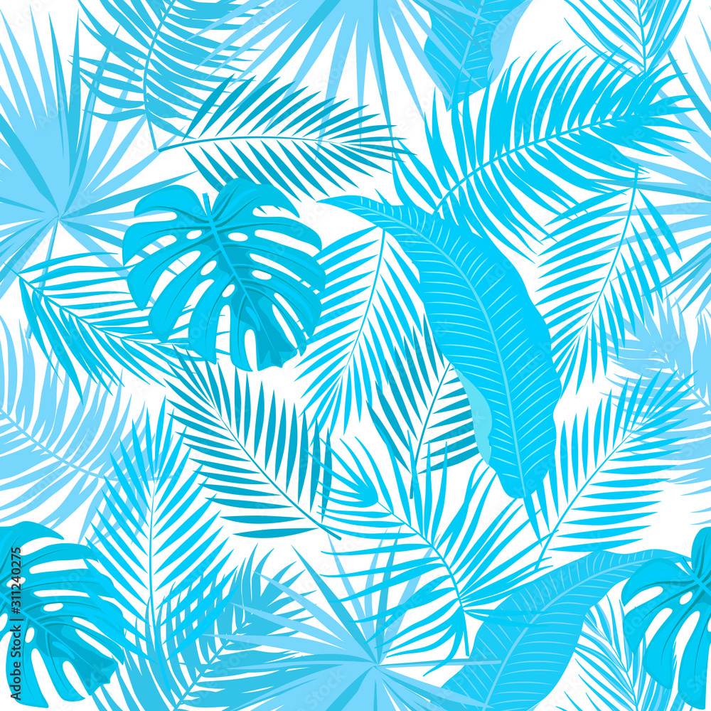 Blue seamless pattern of leaves palm tree, monstera, flowers, vector background