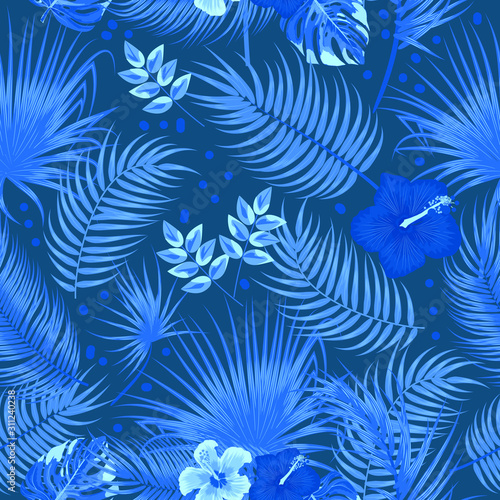 Classic blue seamless pattern of leaves palm tree, monstera, flowers, vector background