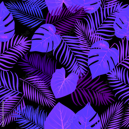 Neon violet  blue seamless pattern of leaves palm tree  monstera  flowers  vector background