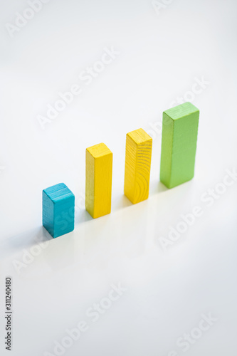 Row of blue  yellow and green flat wooden bricks making up financial chart
