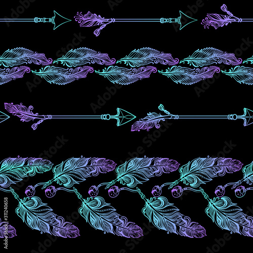 Seamless pattern with feather, arrows and crystals gems. Vector.