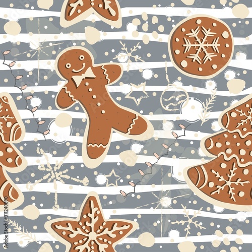 Cute Winter Seamless Pattern with gingerbread cookies.