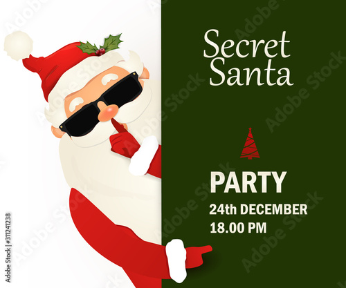 Happy Secret Santa Claus standing behind a blank sign, showing on big blank sign. Cartoon Santa Claus character holding a placard with copy space. vector illustration.